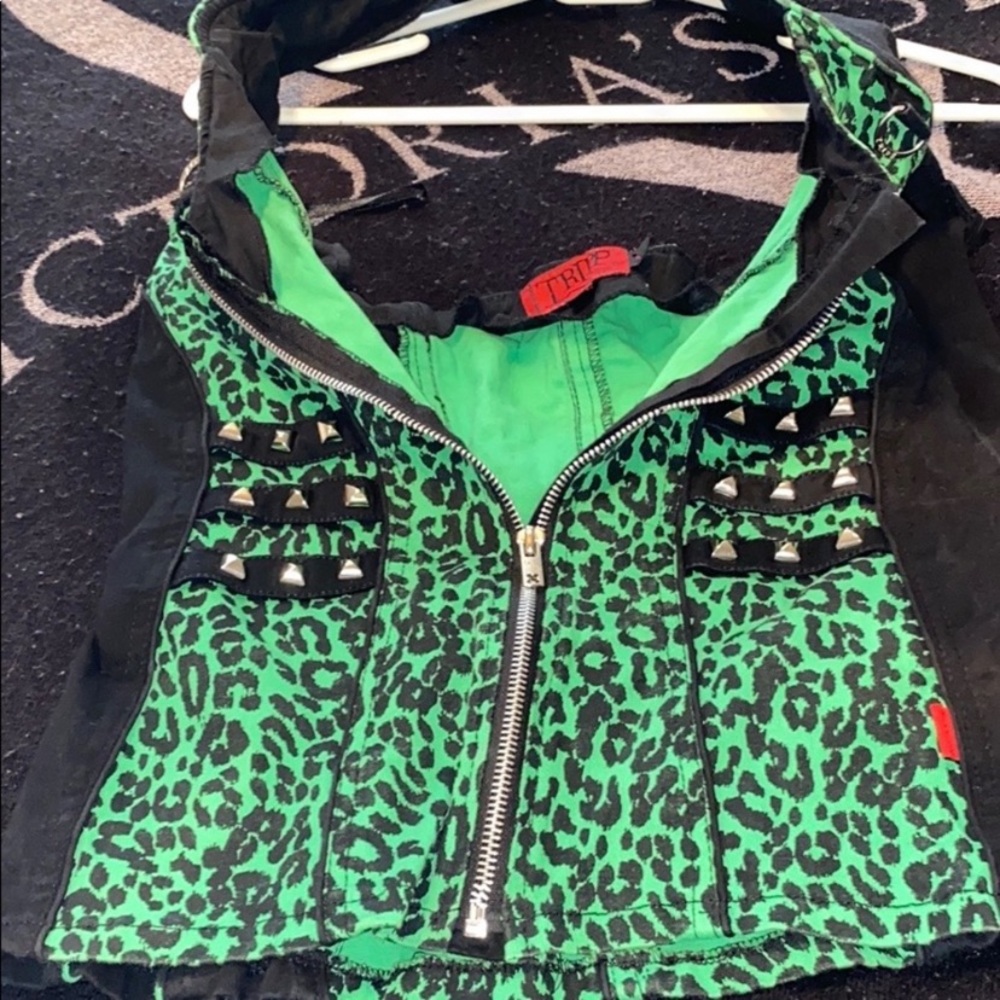 Green Leopard Print NYC Tripp Studded Corset/ Halter Top that zips up the front